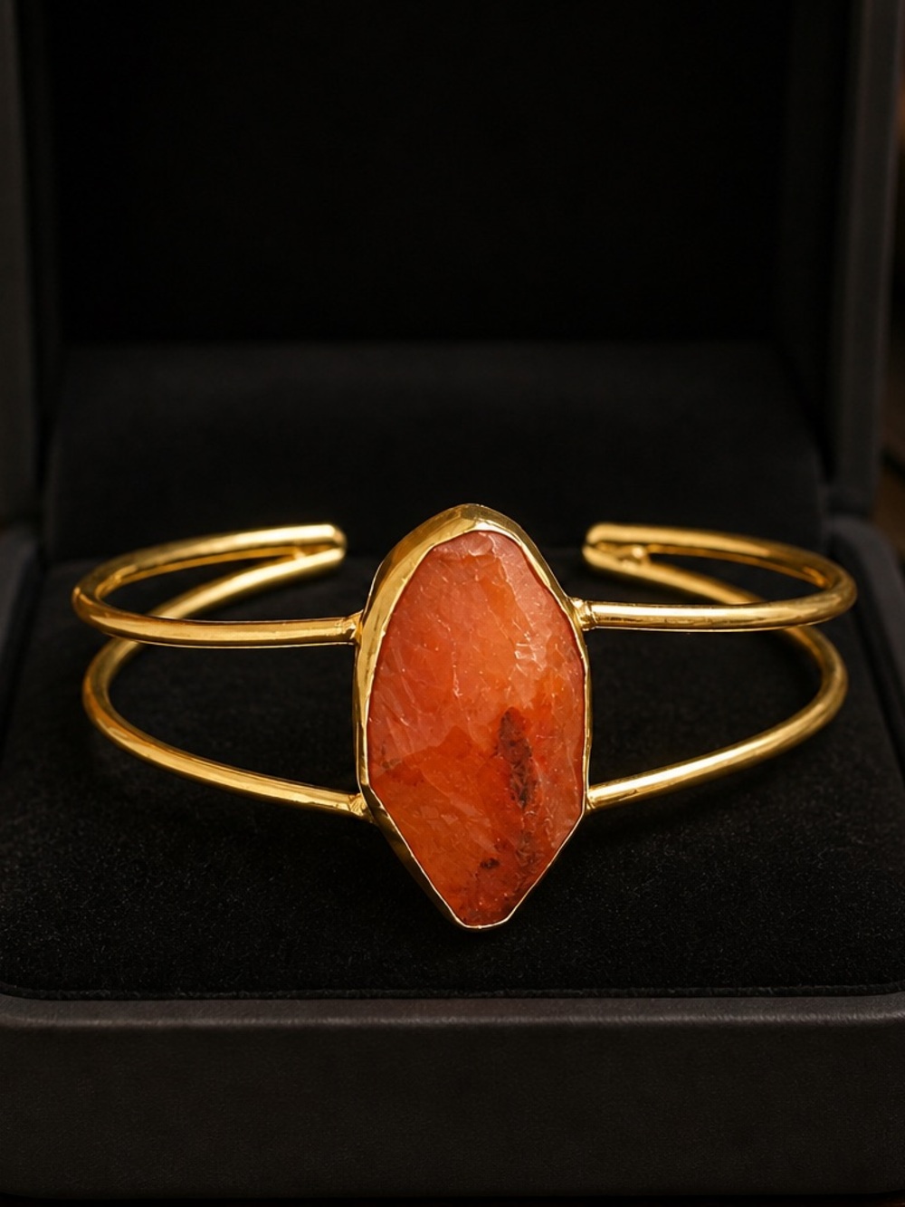 Gold Cuff Bracelet with Orange agate Stone